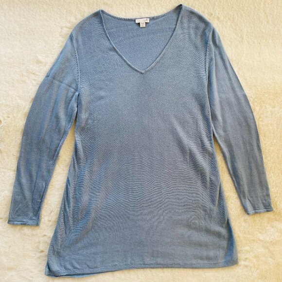 J. Jill V-Neck Tunic Blue Sweater Cotton Rayon Silk Wool Blend size Small petite - Picture 1 of 9